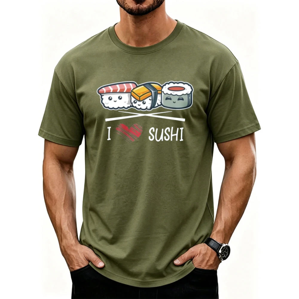 I Love Sushi Red Heart Cute Cartoon Nigiri Sushi Graphic Cotton Tshirt Food Lover Retro Streetwear Short Sleeve Daily Casual Tee