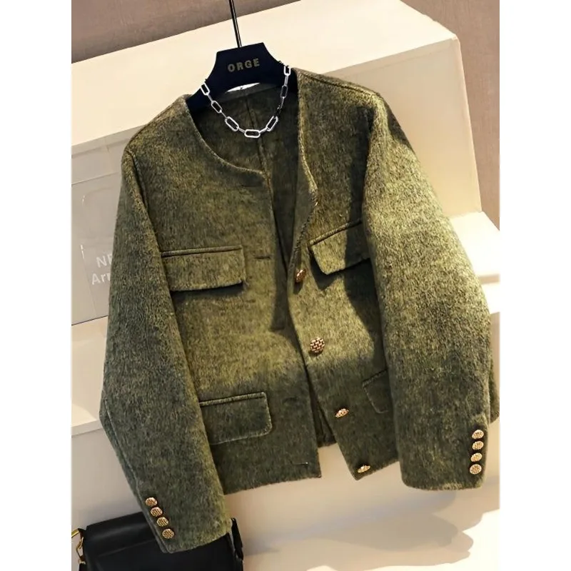 

Blouse Outerwear Wool Coat Women's Autumn/Winter Vintage Green Short Thickened Quilted Niche Versatile Luxury High-end Casual