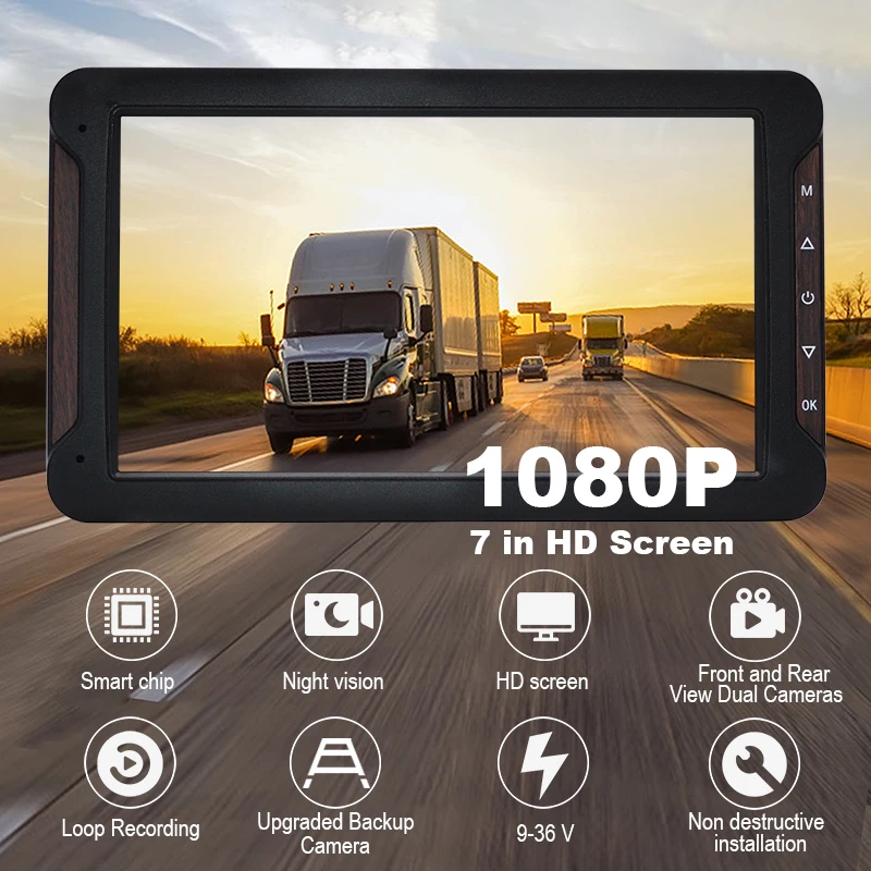 Visão traseira frontal Full HD 1024 * 600 IPS Gravador IP68 à prova d'água Monitor de estacionamento de 7 polegadas com carregador de carro