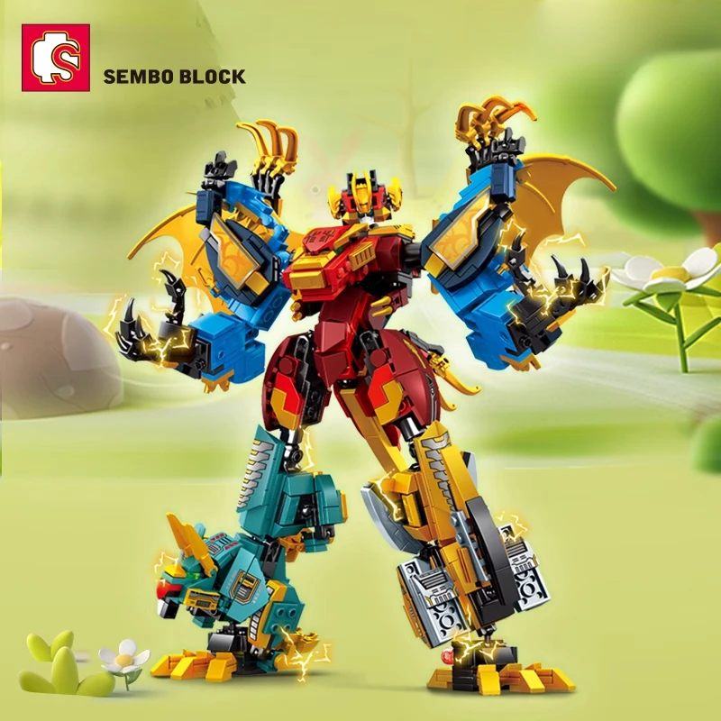 SEMBO 4in1 Transformable Robot Dinosaur World Mechanical Accumulation Model Wooden Kit Assembly Boys' and Children's Toy Gifts