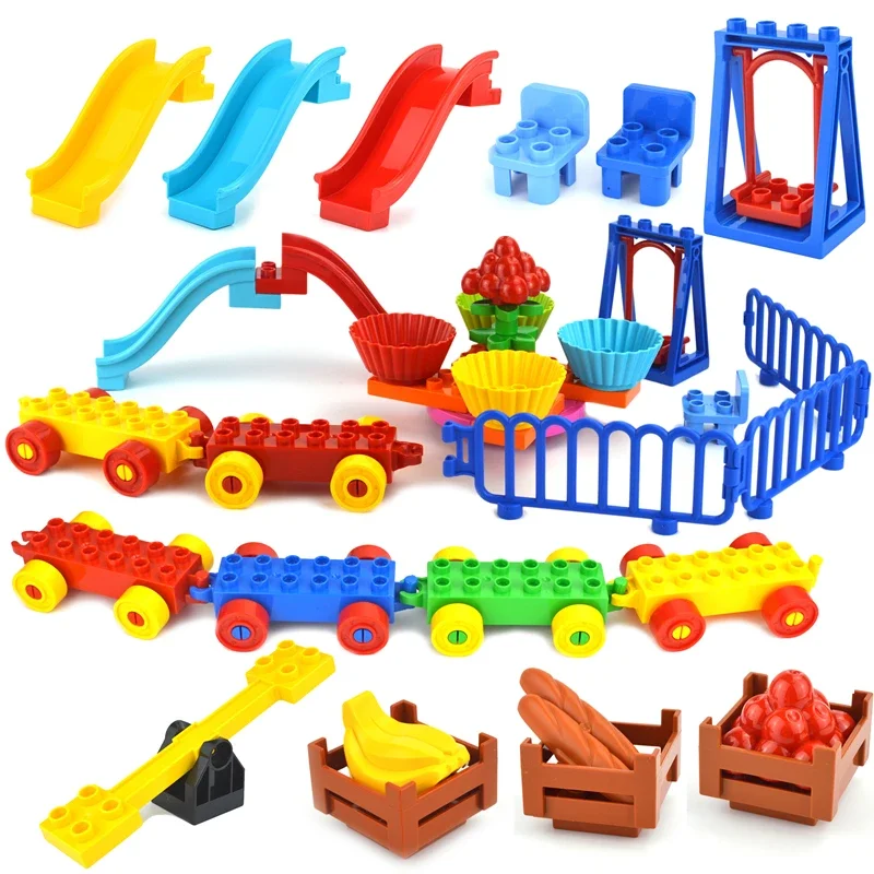 Duploes Building Blocks Park Accessories Seesaw Carousel Train Playground Slide Ladder Swing Fit Big Size Baseplate Bricks Toy