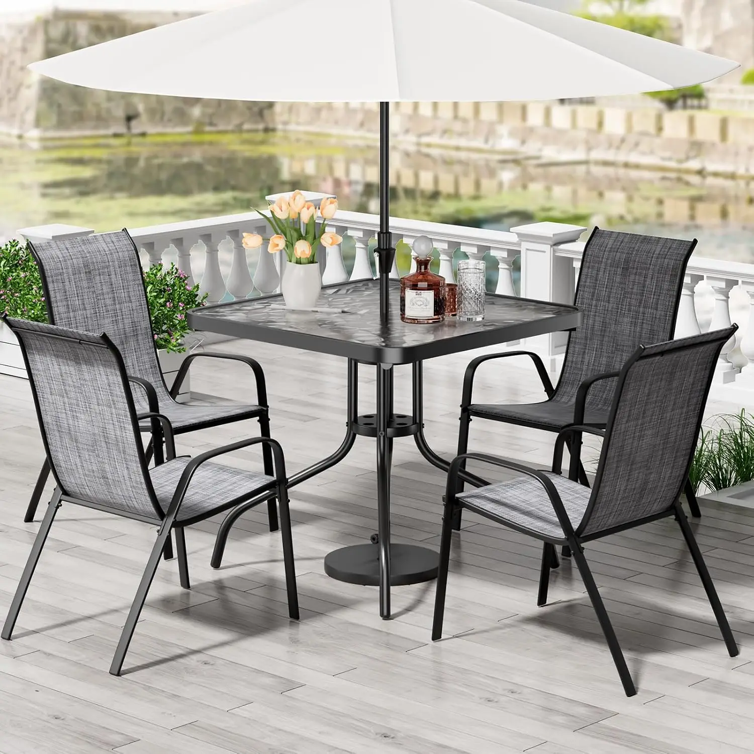 5-Piece Patio Dining Set, Glass Table with Steel Frame, Stackable Textilene Chairs, All Weather for Poolside & Lawn, Customized