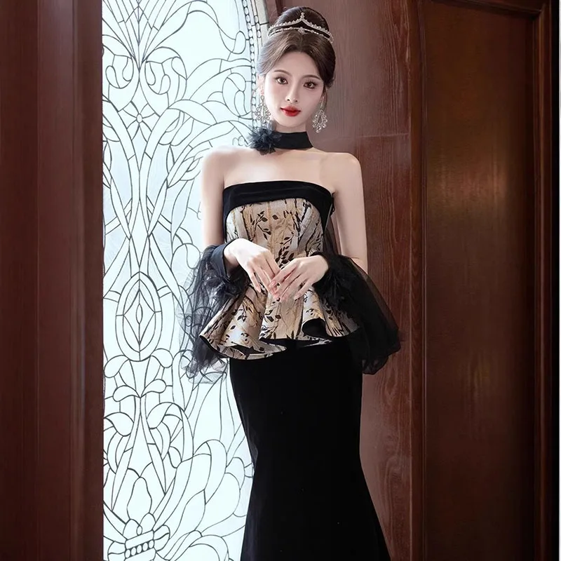 

2026New Style Luxury Satin Strapless Mermaid Evening Dress Women High-end Banquet Elegant Bodycon Floor-length Formal Party Gown