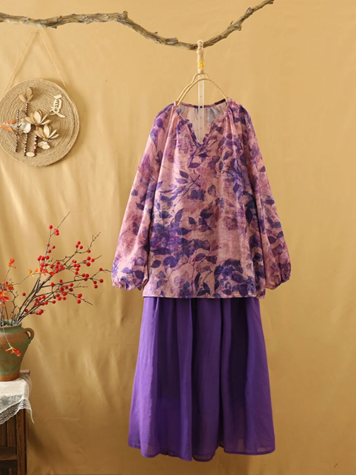 

Large Size Women's Cotton Linen irt Le Print Lantern Sve V-Ne Cover Belly Anti-Aging Summer Top Ethnic Sle