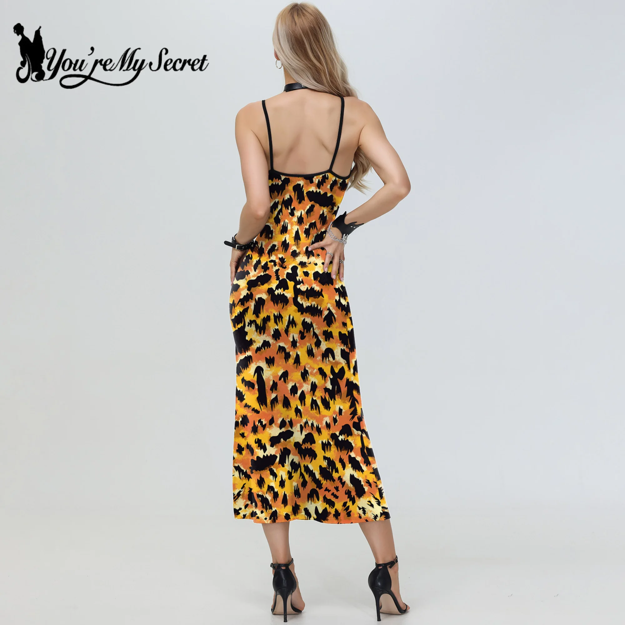 [You're My Secret] Halloween Women's Tiger Leopard Printed Maxi Split Long Dress Backless Sleeveless Party Prom Dress Vestidos