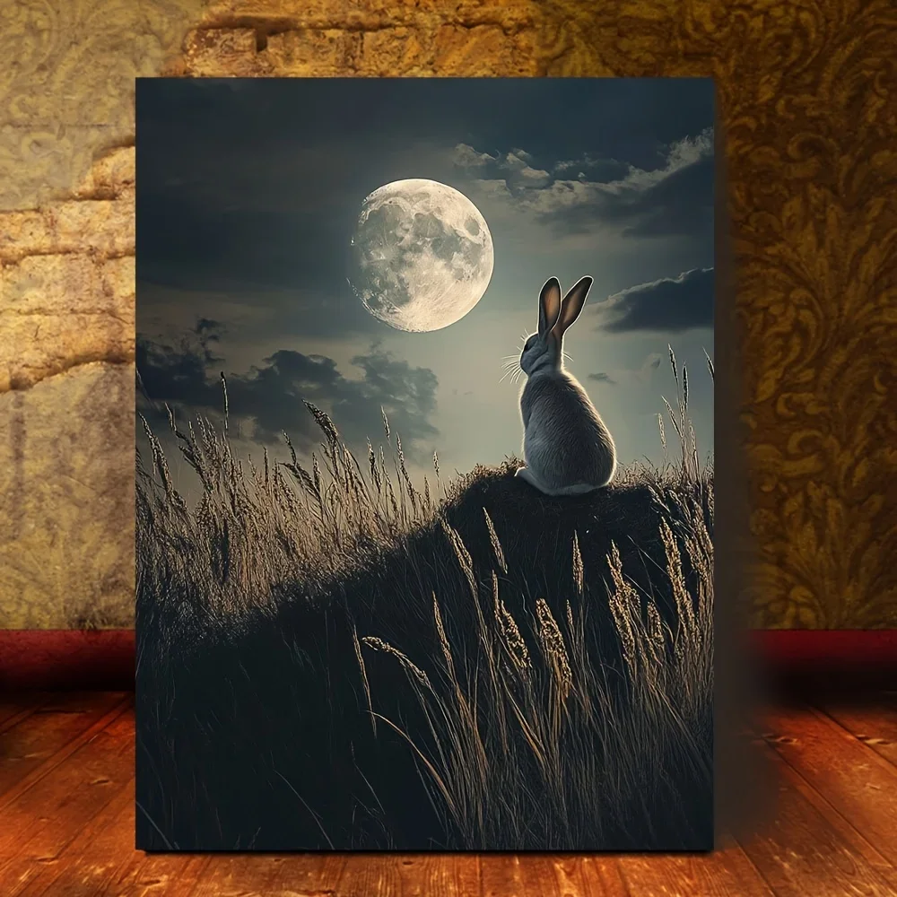 2D Flat, 1pc Wooden Framed Canvas Wall Art Ready to Hang - 29.97x39.88 cm Serene Moonlit Rabbit & Grass Landscape Painting, W