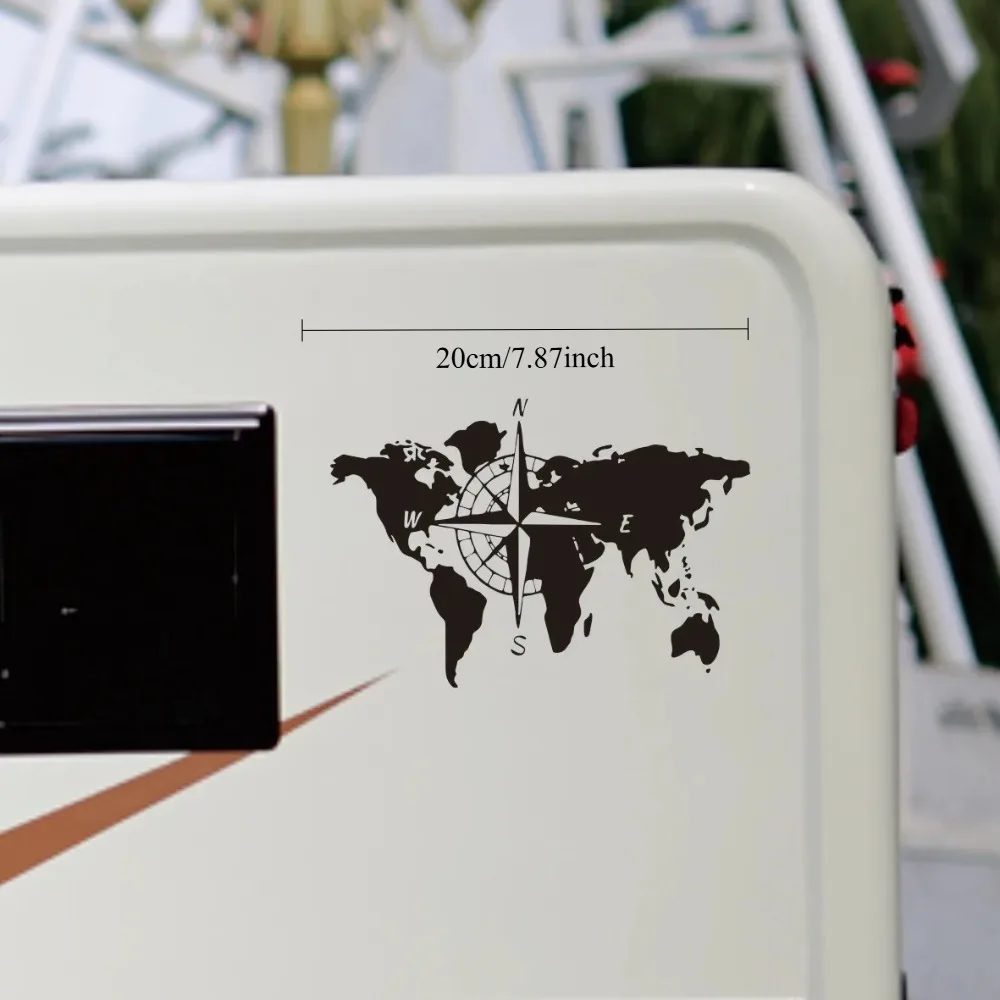 World Map Compass Vinyl Sticker, 2D Flat Large Decal for RV Camper Truck Travel Exploration Car Decor