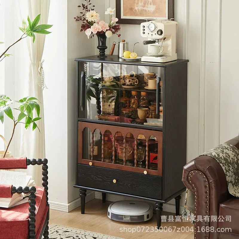 DSA medieval style solid wood dining side wine cabinet storage living room retro sofa side cabinet figure display storage