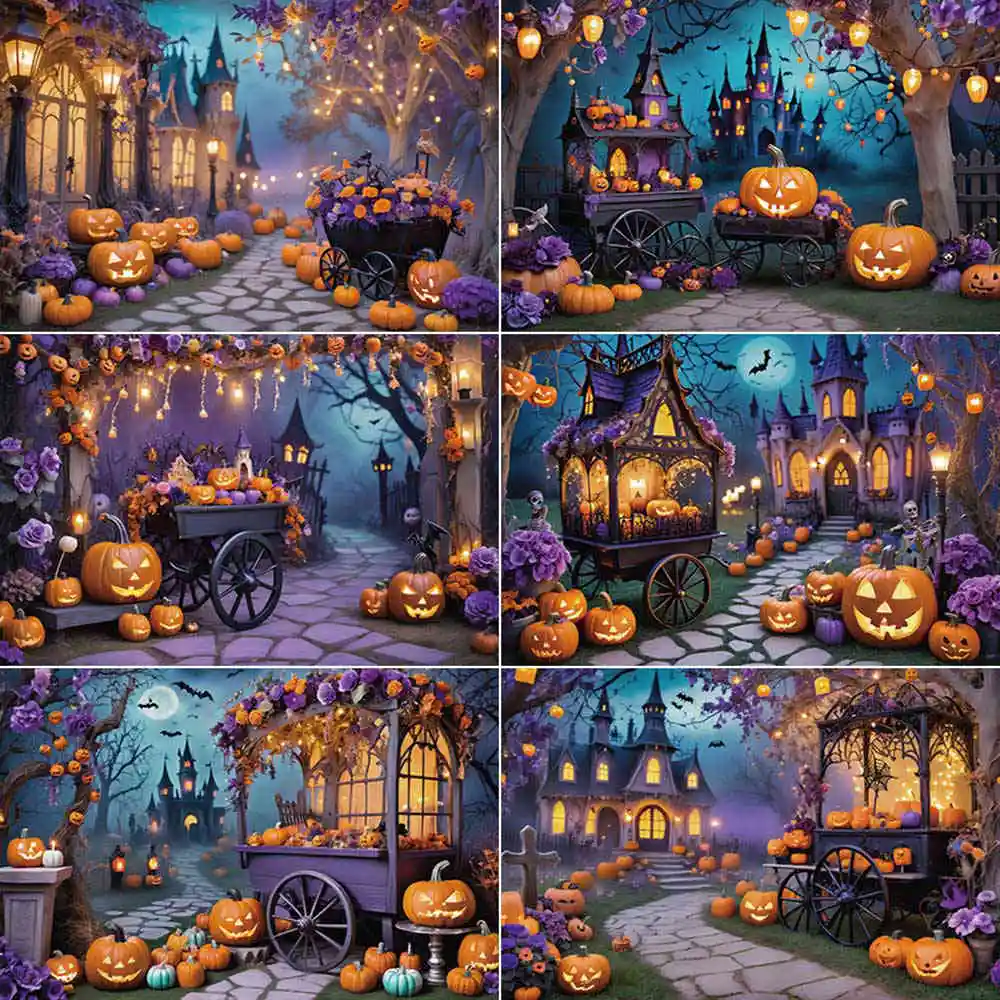 

MOON.QG Purple Halloween Children Enchanted Garden Party Backdrop Candy Cart Castle Backgrounds Photos Studio Photography Props