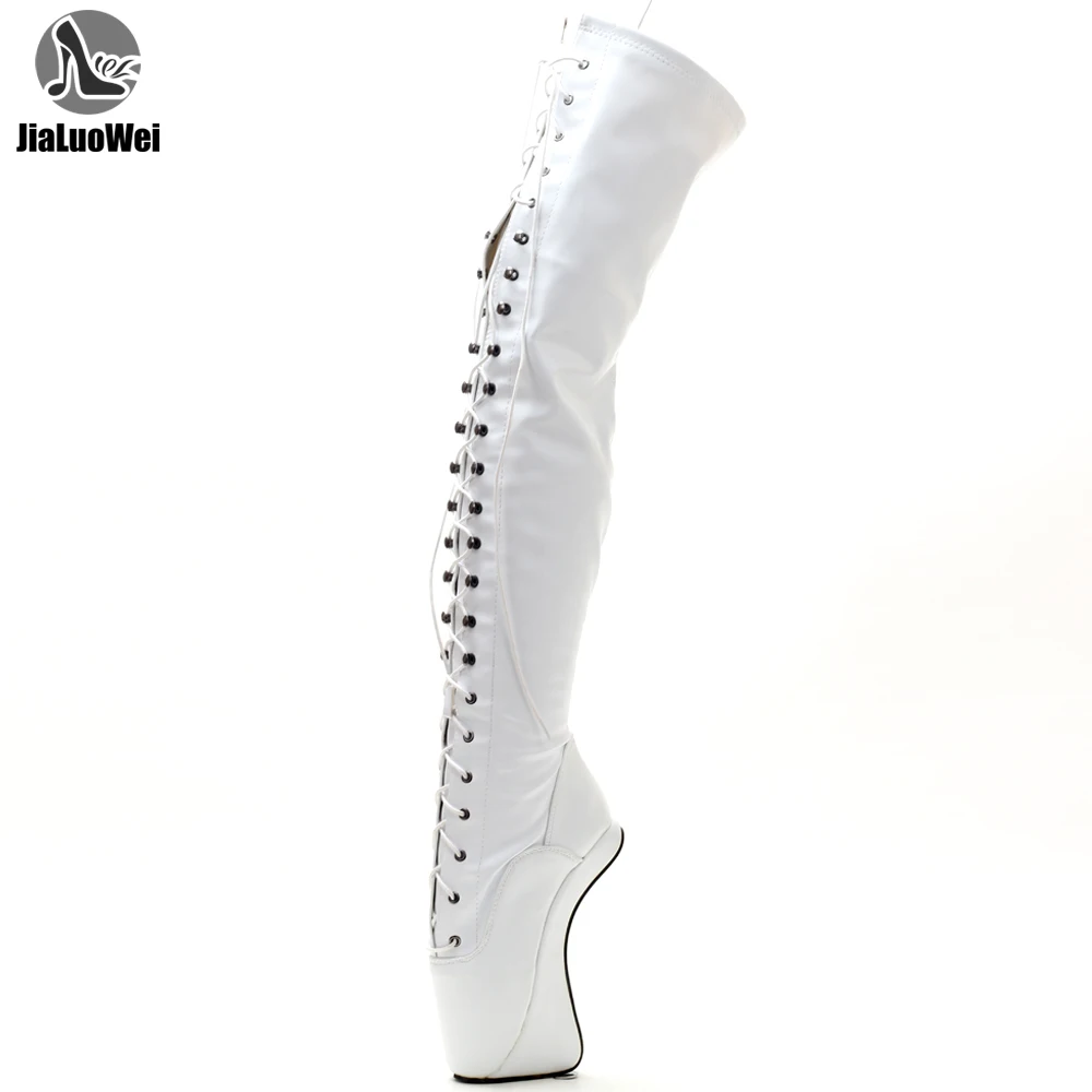 

18cm/7'' Extreme High Heel Lace Up Patent Leather Ballet Boots Unisex Hoof Heelless Sexy Fetish Thigh Over-the-Knee Boots