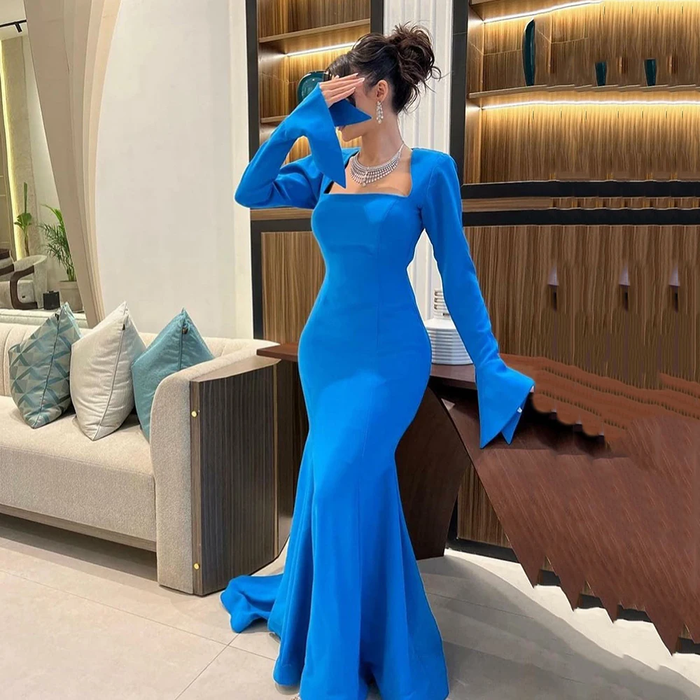 

Msikoods Blue Saudi Arabic Evening Dress Women Long Sleeves Customized Bespoke Formal Occasion Dress Backless Elegant Party Gown