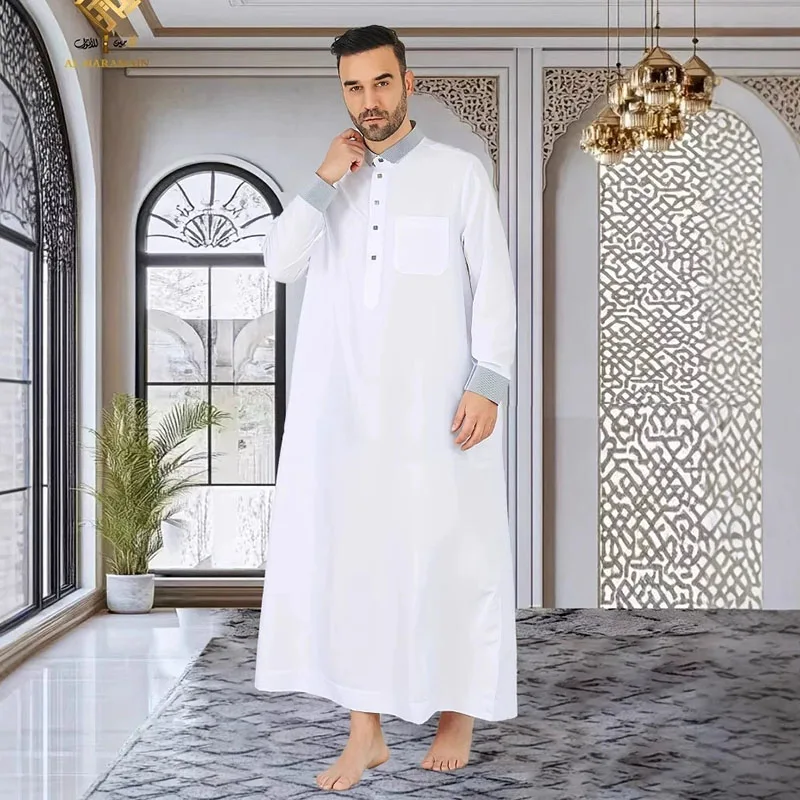 Men's Long Sleeve Dubai Arabia Jubba Thobe Fashion Loose Muslim Long Robes Middle East Kaftan Casual Loose Maxi Robe