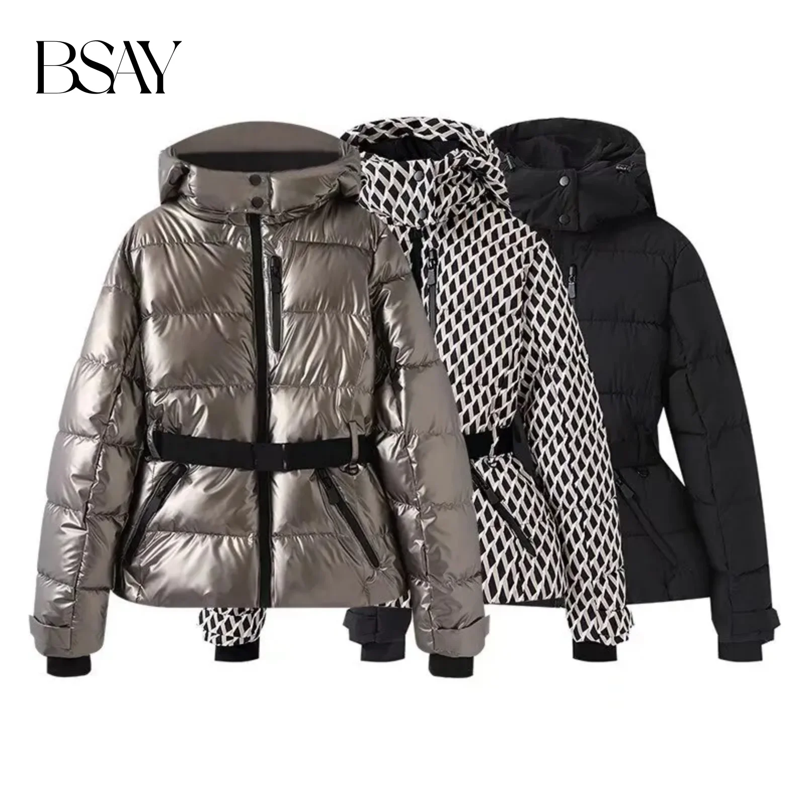 

BSAY Cotton Jacket for Women Fashion Autumn Winter New Belt Skiing Long Sleeved Hooded Zip Short Coats Chic Ladies Tops Mujer