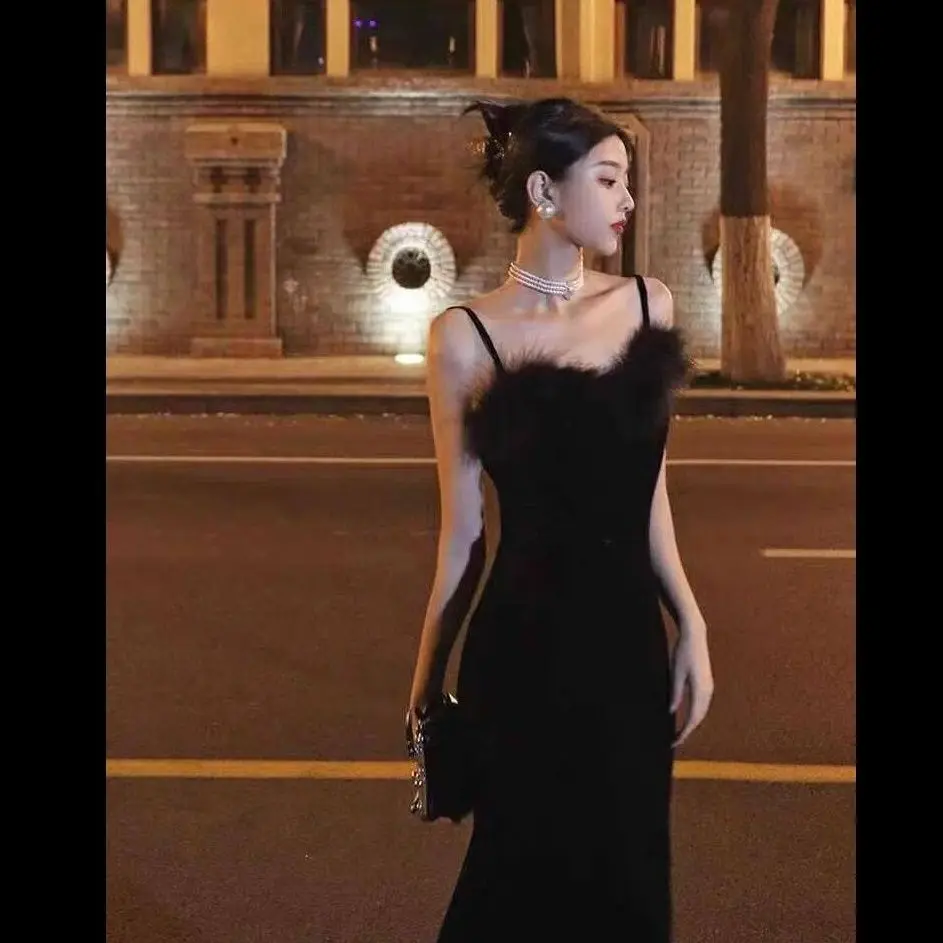 Black Evening Gown Velvet Dress Women's Autumn and Winter New Sexy Suspender Fish Tail Wrapped Buttocks Long Versatile Skirt