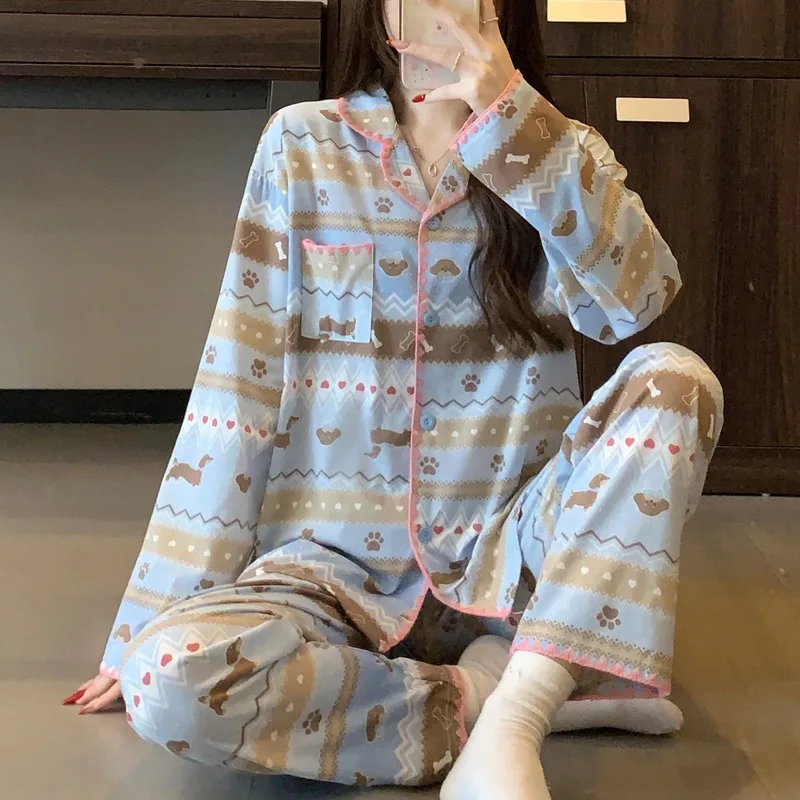 

Cartoon Kawaii Dog Print Pajamas Set Women Blue Striped Long Sleeve Button Down Sleepwear Soft Spring New Casual Cute Pajamas
