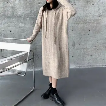 2024年新款女士休閒加厚保暖針織連身裙,帶帽純色長袖波西米亞風連身裙,秋季時尚女裝 X614 6 最佳銷售 冬季女裝 - №2