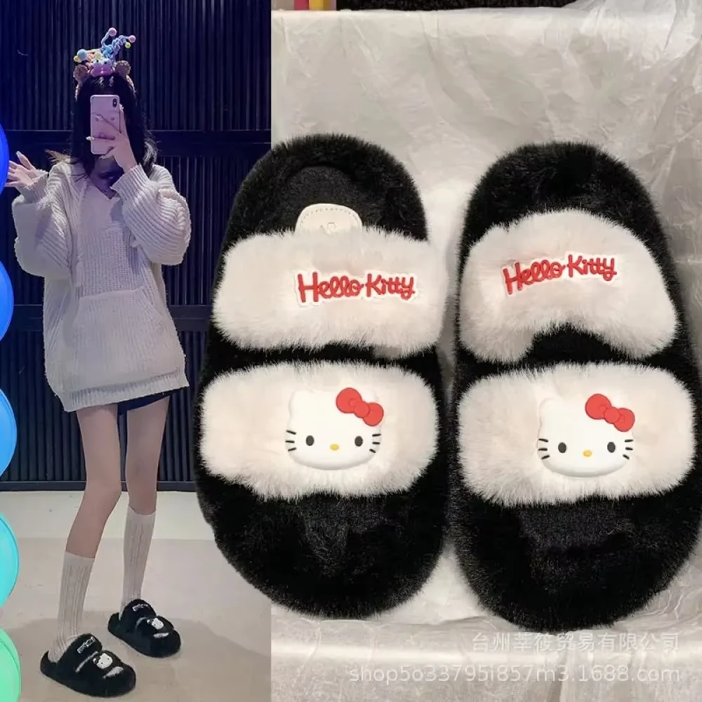 

Sanrio Sweet Hello Kitty, женская зимняя плюшевая хлопковая домашняя бархатная теплая обувь Sanrio Kt, милые домашние тапочки на толстой подошве для девочек