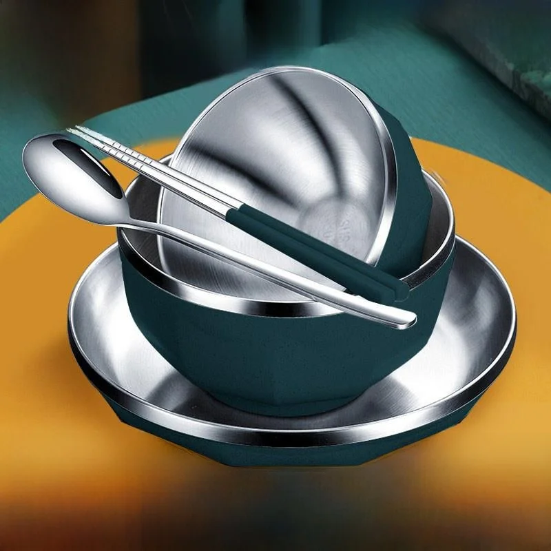 

Stainless Steel Personal Bowl And Chopsticks Set Elegant Home Dining Utensils Single Person Soup Bowl round Shape Kitchenware