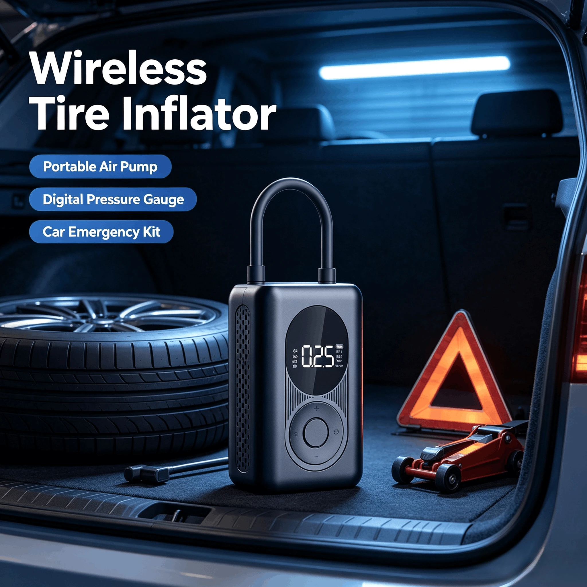 Portable Wireless Car Tire Inflator, Digital Display Electric Air Pump, Emergency Auto Tire Compressor Safety Supplies
