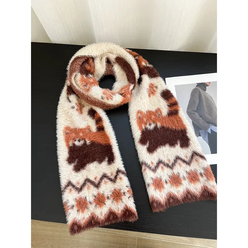 

Cute Bear Knit Imitate Mink Wool Scarf Soft Comfort Women Winter Neckerchief Girls Students Warm Scarves