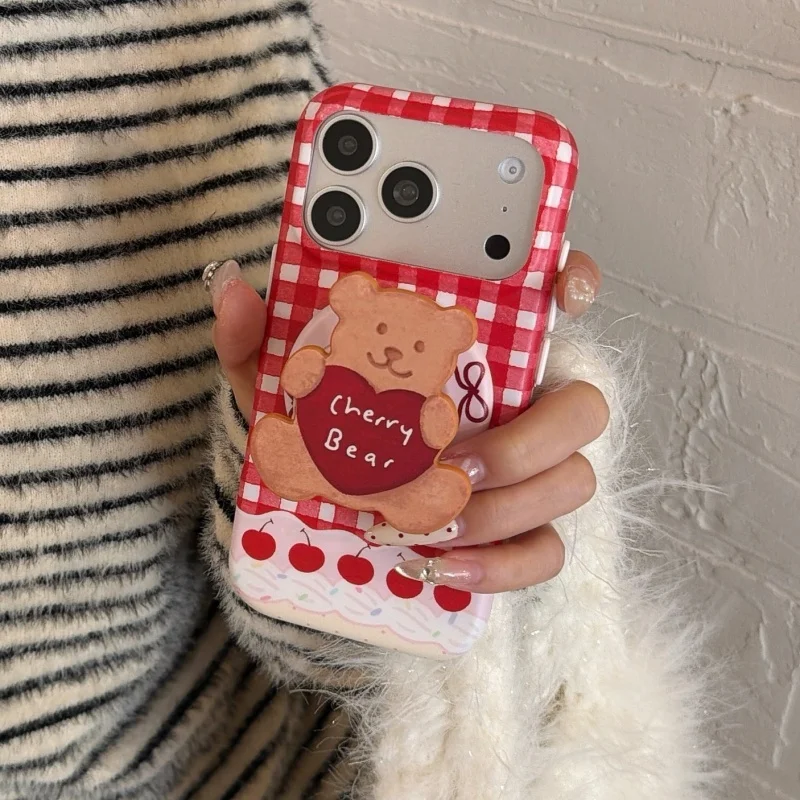 

Korean Cute Cherry Red Plaid Pattern Magnetic Phone Case For iPhone 17 Pro 16 15 14 Pro Max Cover with Bear Holder Cases For Mag