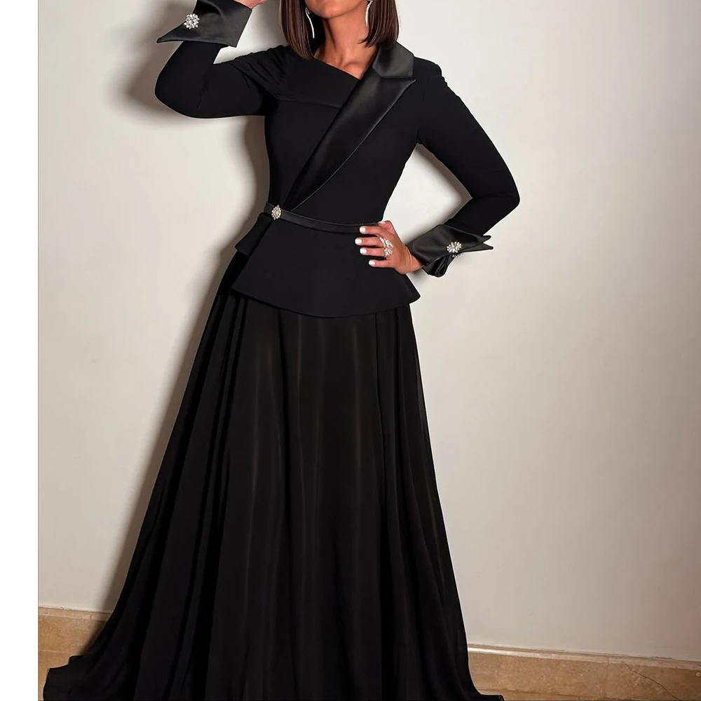 

Customized A-line Evening Dresses Floor-length V-neck Full Sleeve Prom Gown Fashion Crystal Simple Draped Casual Party Gown