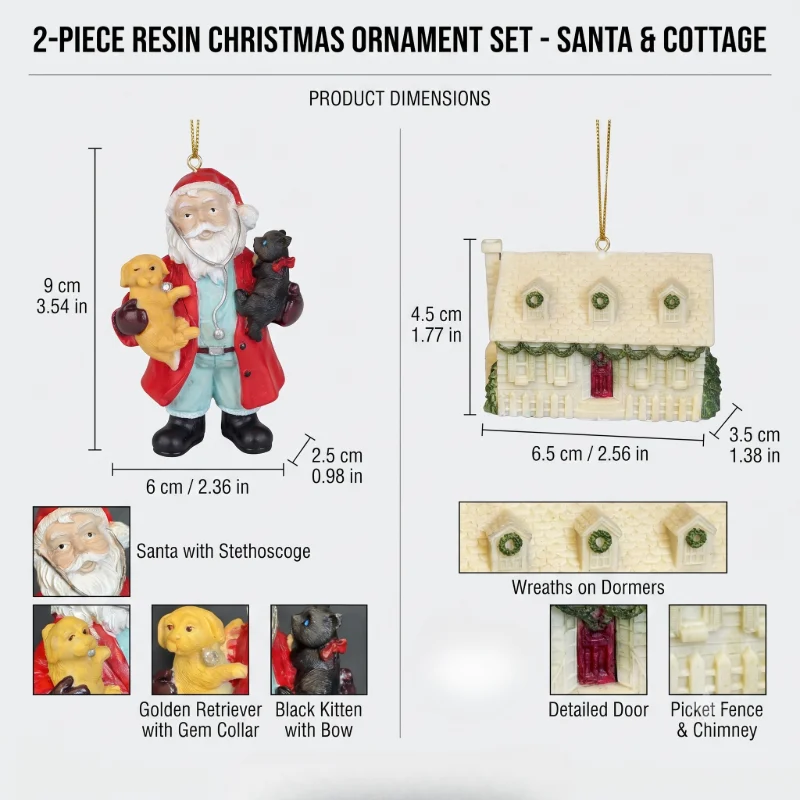 Resin Christmas Ornament Set 2Pcs Santa Doctor With Dog Cat & Cottage House Xmas Tree Hanging Decor Holiday Present For Family