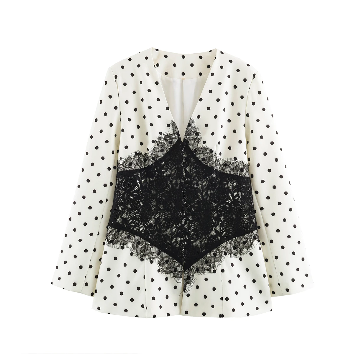 DUOPERI Women White Polka Dot Lace Patchwork V‑Neck Blazer Long Sleeve Female Chic Lady Casual Outerwear