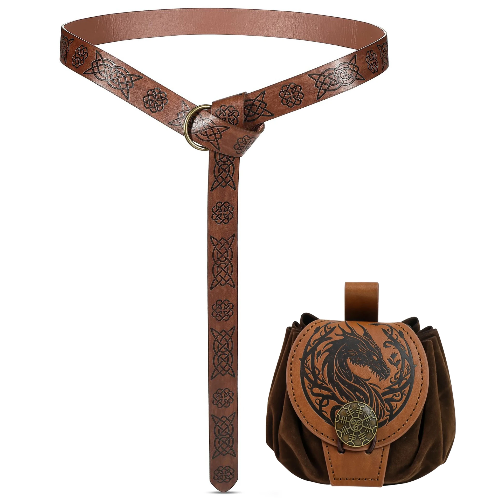 Renaissance Costume Accessories Set Vintage Celtic Knot Pattern Leather Belt with Dragon Totem Coin Pouch for Halloween & Cosplay Party