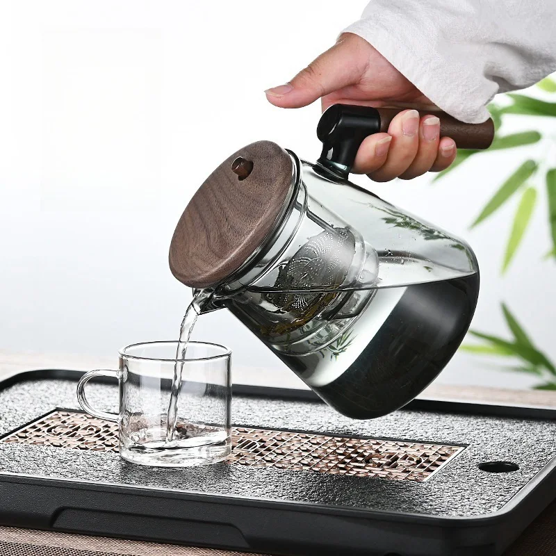 Glass Teapot with Full Glass Inner Liner, Walnut Wood Handle, Tea-Water Separation Filter
