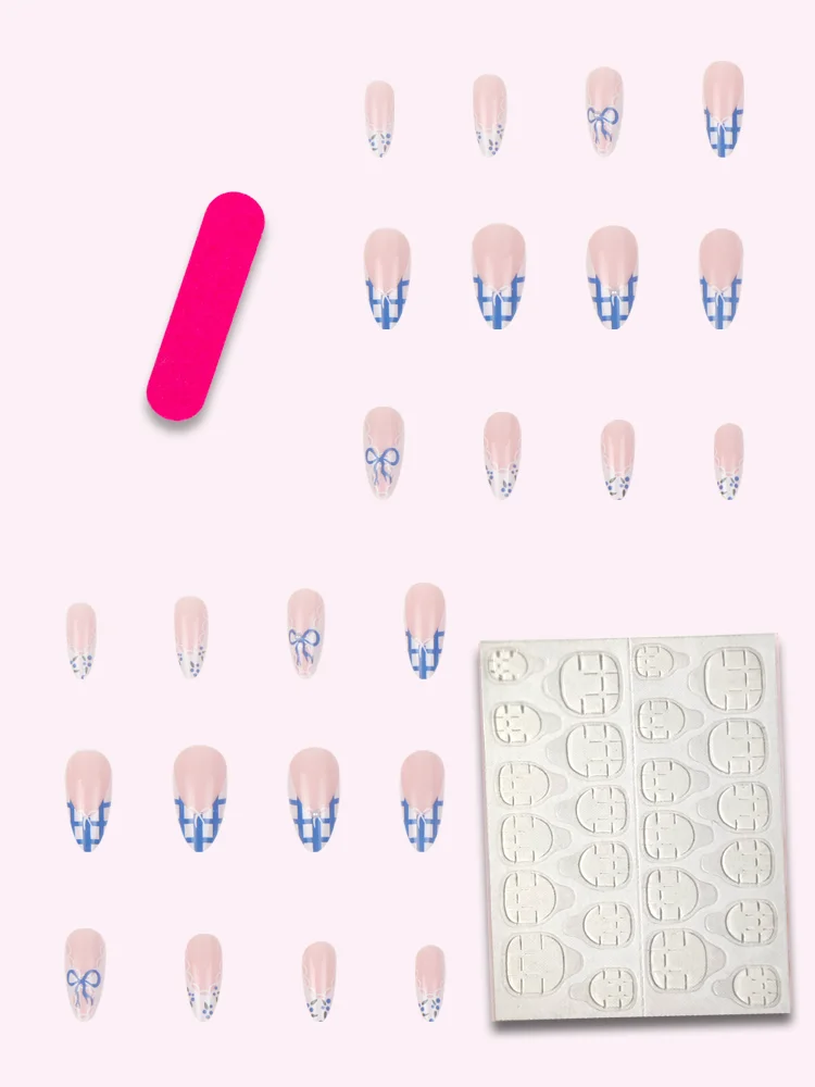 24 Pieces Reusable ABS Blue French Bow Pattern Almond Fake Nails with Press on Nail Tips