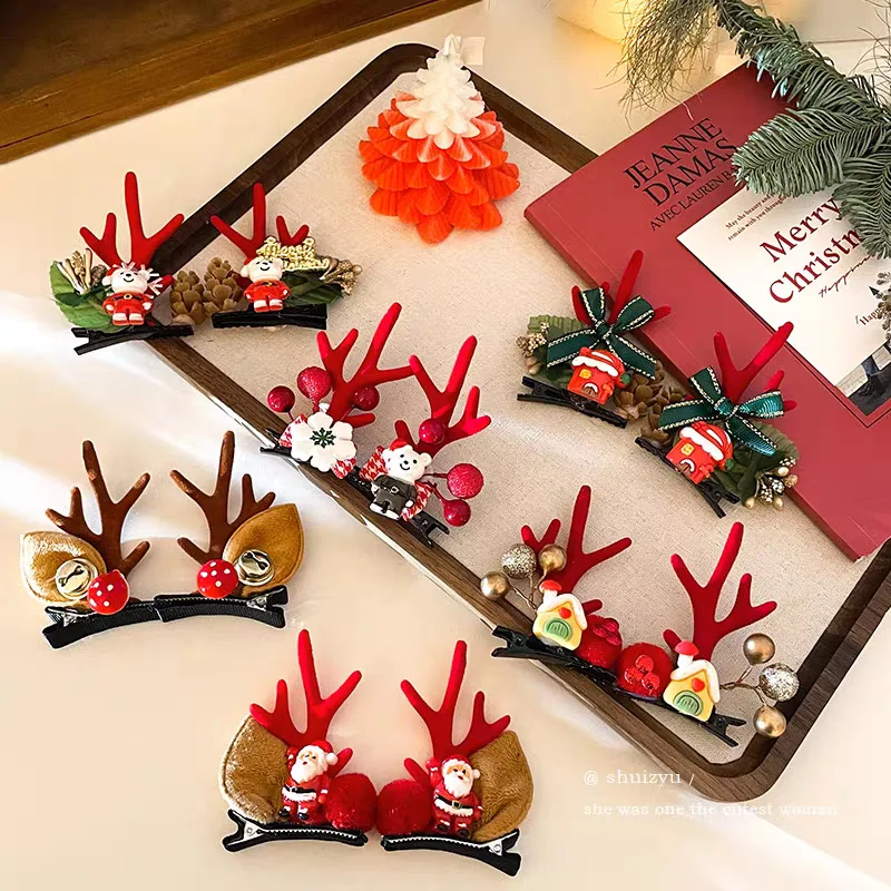 

2Pcs Christmas Antler Hair Clips Pendants Xmas Ornaments Merry Christmas Decor for Girl Reindeer Hair Accessories Happy New Year