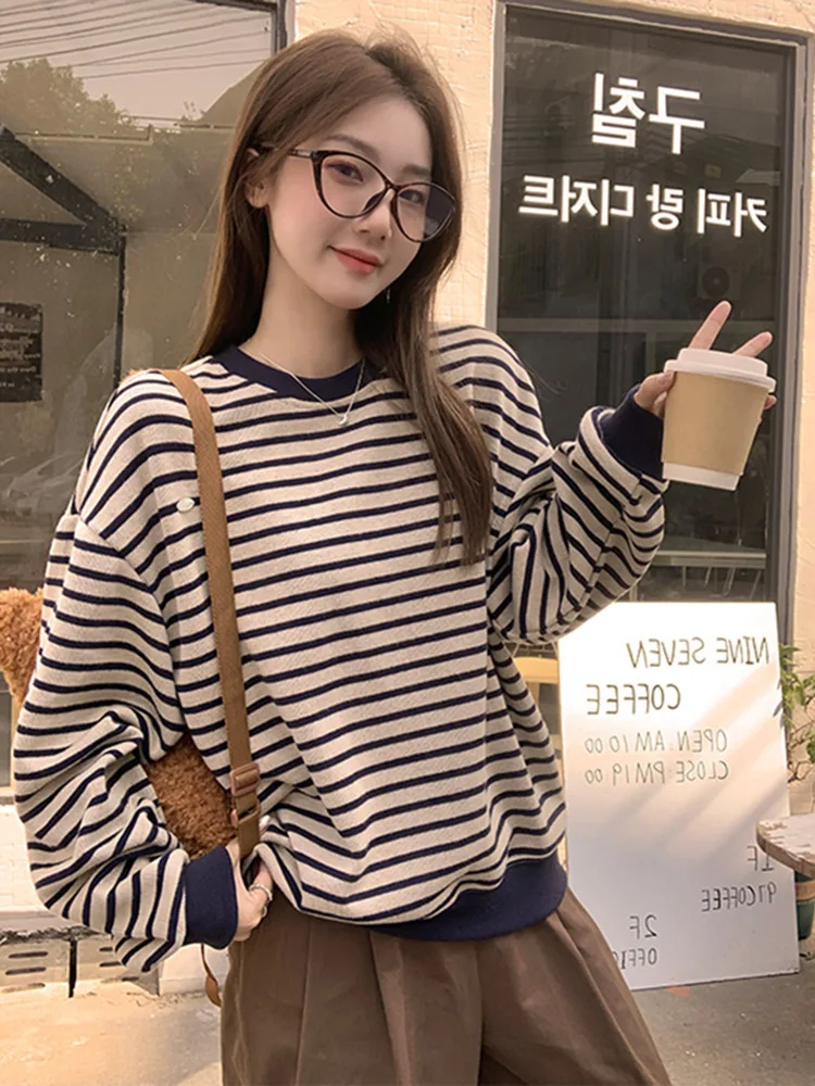 

Oversize Casual Knitted Sweater round Ne Women's Top American Sle Striped Autumn Winter New Arrival Comfortable Warmth