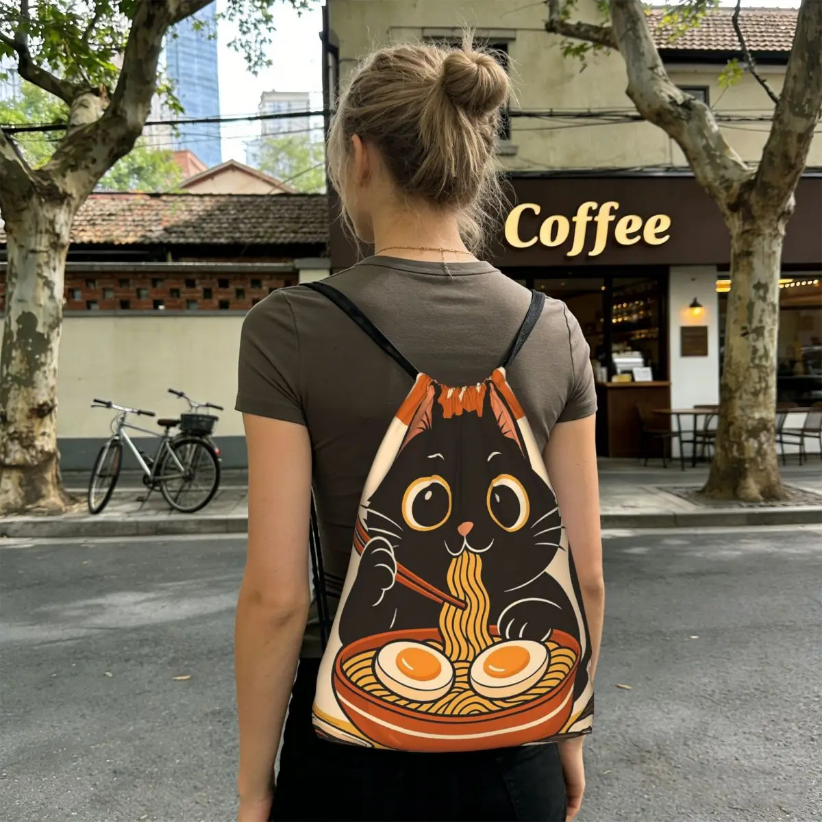 An Adorable Cat Relishing A Bowl Of Ramen Backpacks Portable Drawstring Bags Sports Bag Book Bags for Man Woman Students