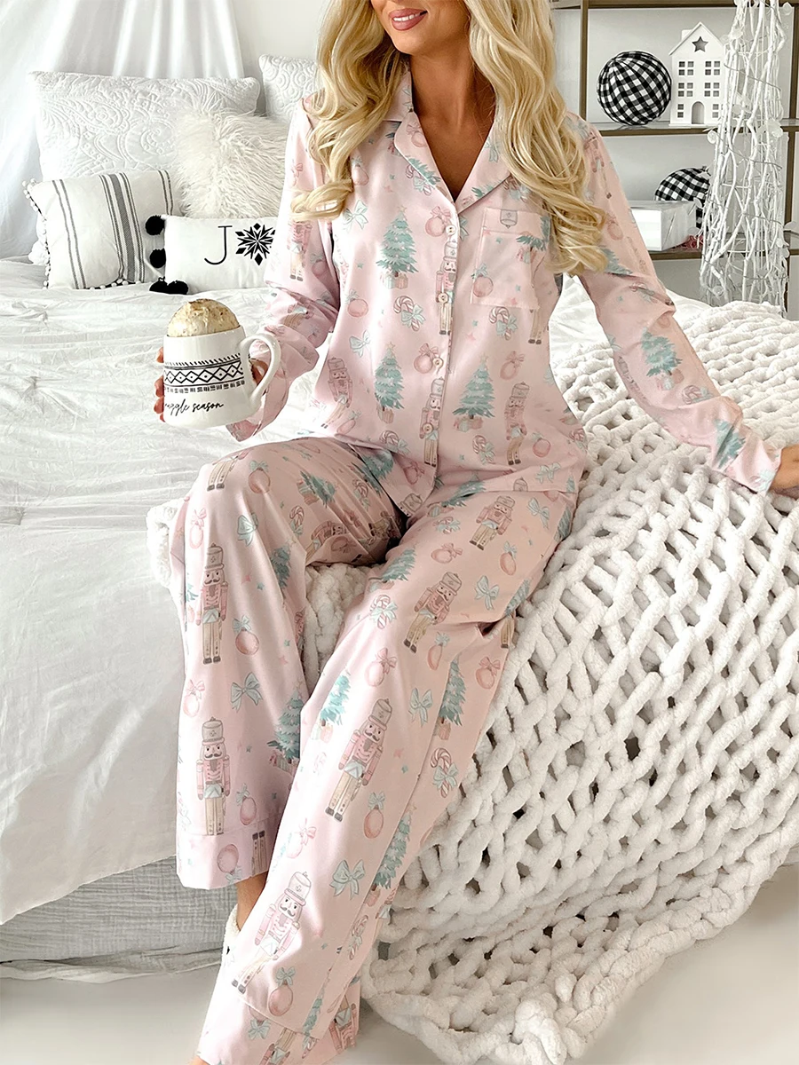 Women Xmas Pajamas Sets Long Sleeve Sleepwear Lounge Holiday Christmas Print Two Piece Pjs Pants Set Homewear