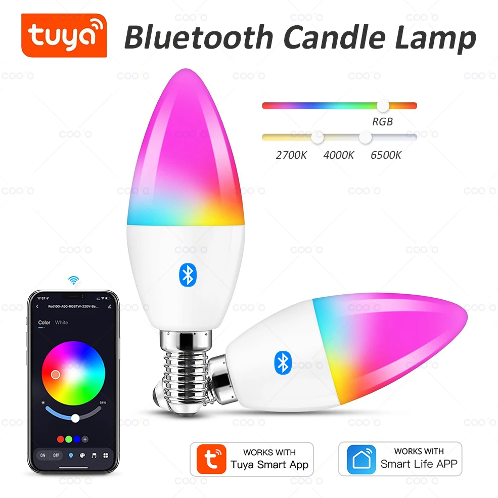 COOLO Tuya Smart Life E14 Bluetooth Smart Candelabra Light Bulbs 5W RGB+CW LED Lamp AC 220V-240V Dimmable Crystal Group Lamps