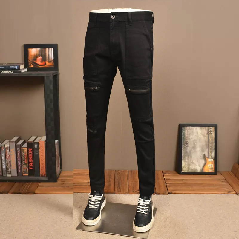 Jeans rasgado preto elástico magro masculino, calça lápis, designer Hip Hop Denim, bolso com zíper, moda de rua