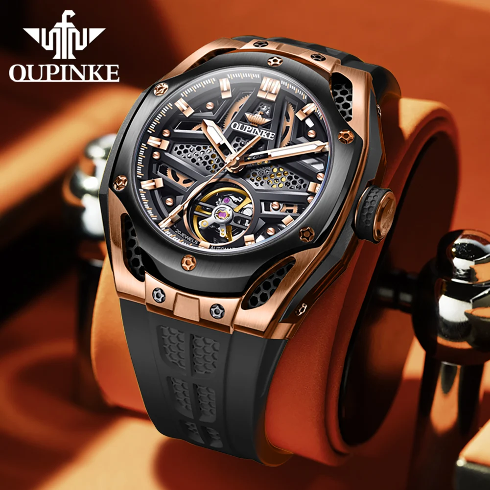 OUPINKE 9003 Silicone strap hollow dial men\'s mechanical watch