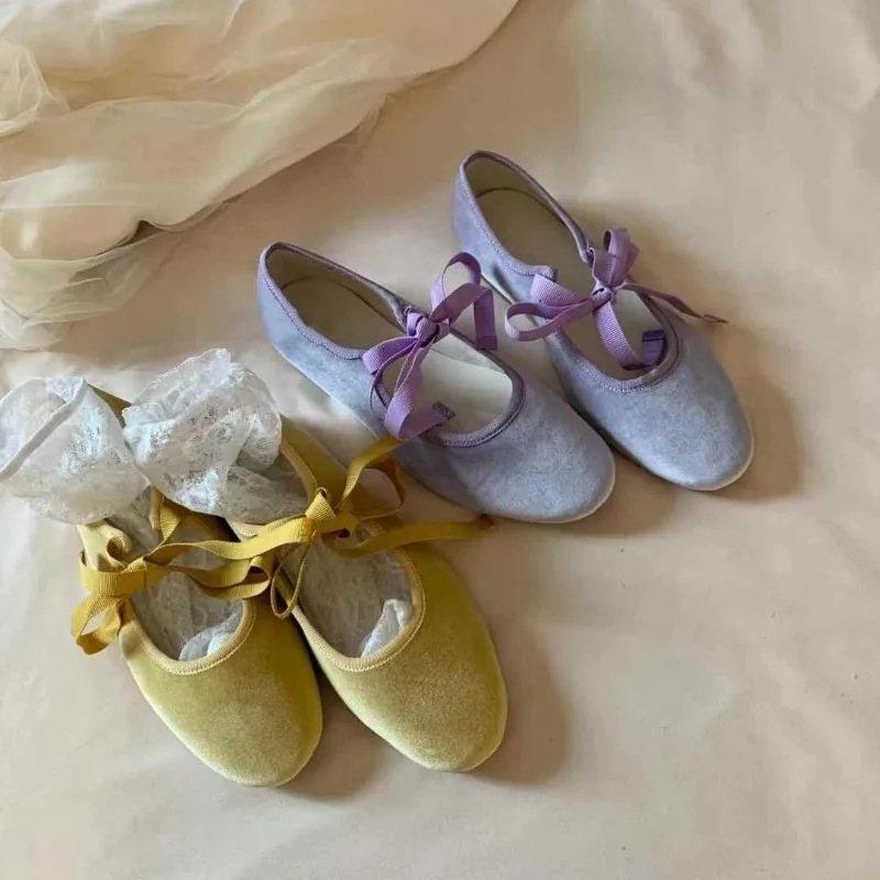 

Bow Bandage Velvet Flats Shoes Women Elegant Round Toe Shallow Ballet Shoes Ladies Spring Autumn Casual Streetwear Mary Janes