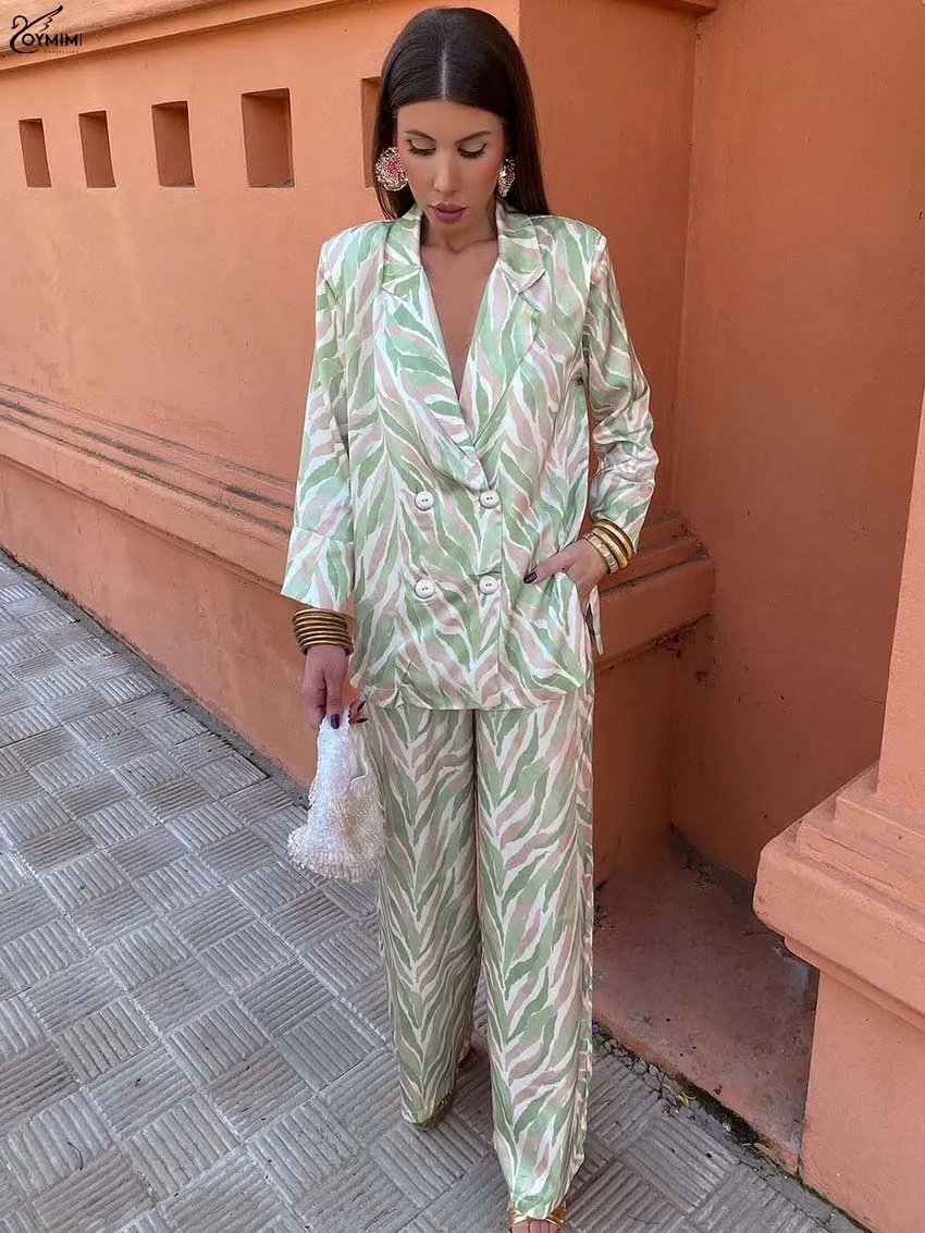 

Oymimi Casual Green Print Women's Two Pieces Set Fashion Long Sleeve Double Breasted Shirts And High Waist Straight Pants Sets
