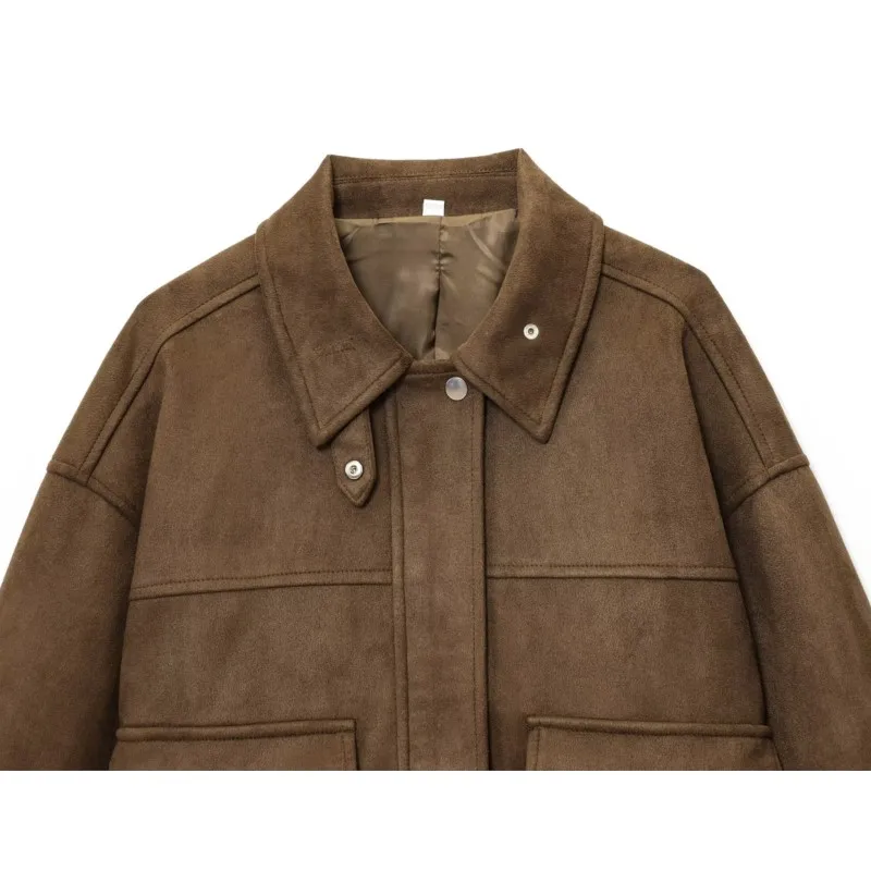 Giacca bomber in pelle da donna con tasca con cerniera Giacca corta autunnale a maniche lunghe con colletto rovesciato Giacca femminile causale