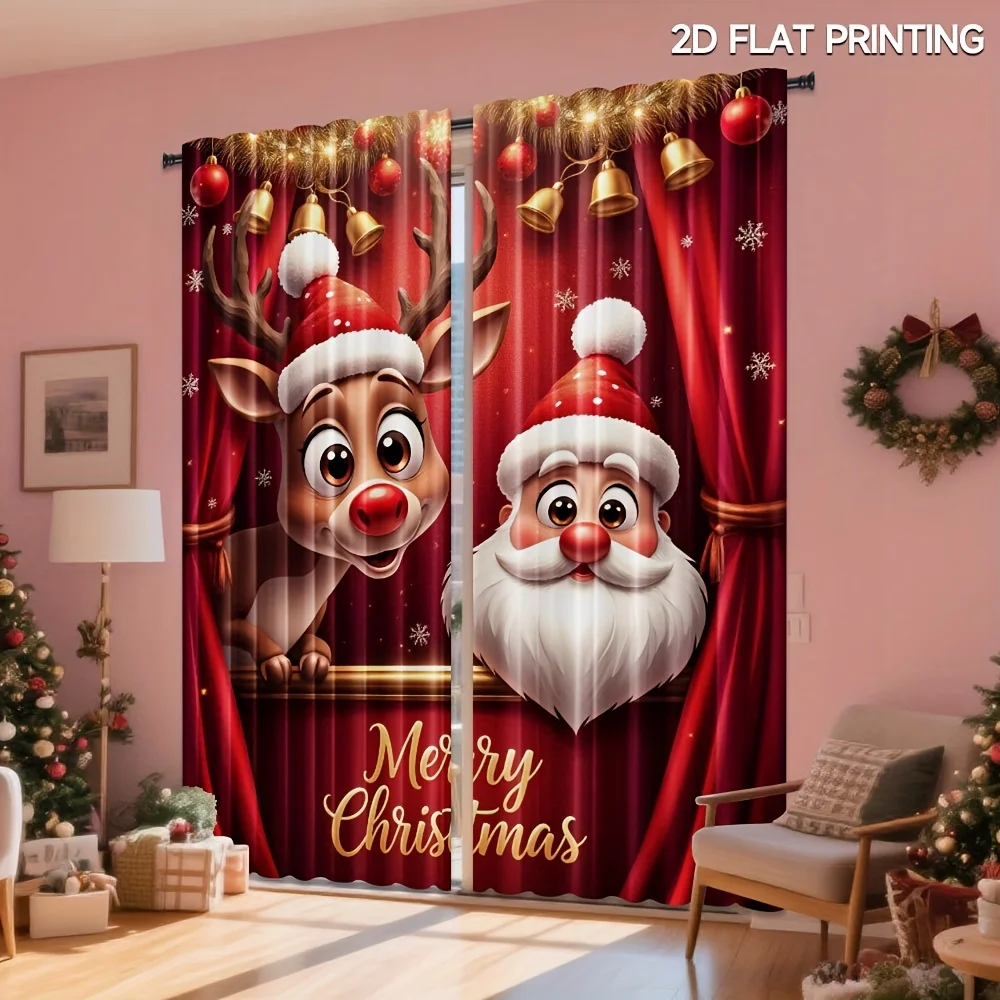 2 pieces, Santa Claus and reindeer curtains - red/burgundy/gold suitable for living room and bedroom - holiday home decoration