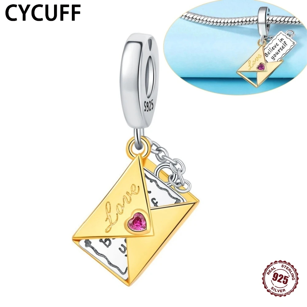 CYCUFF 925 Sterling Silver Gold Plated Mysterious Envelope Pendants Bracelet Charms For Women Jewelry Party Beads DIY Fine Gifts