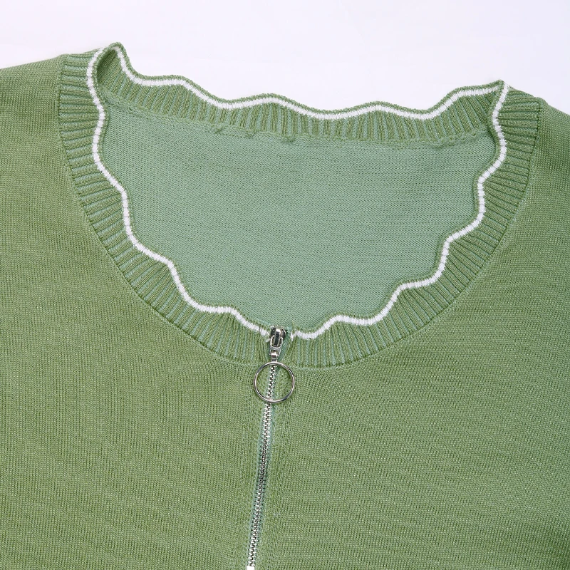 Pull tricoté vert à manches longues pour femme, demi-fermeture éclair, col en V, garniture festonnée, décontracté, coupe ample, mode quotidienne, automne hiver