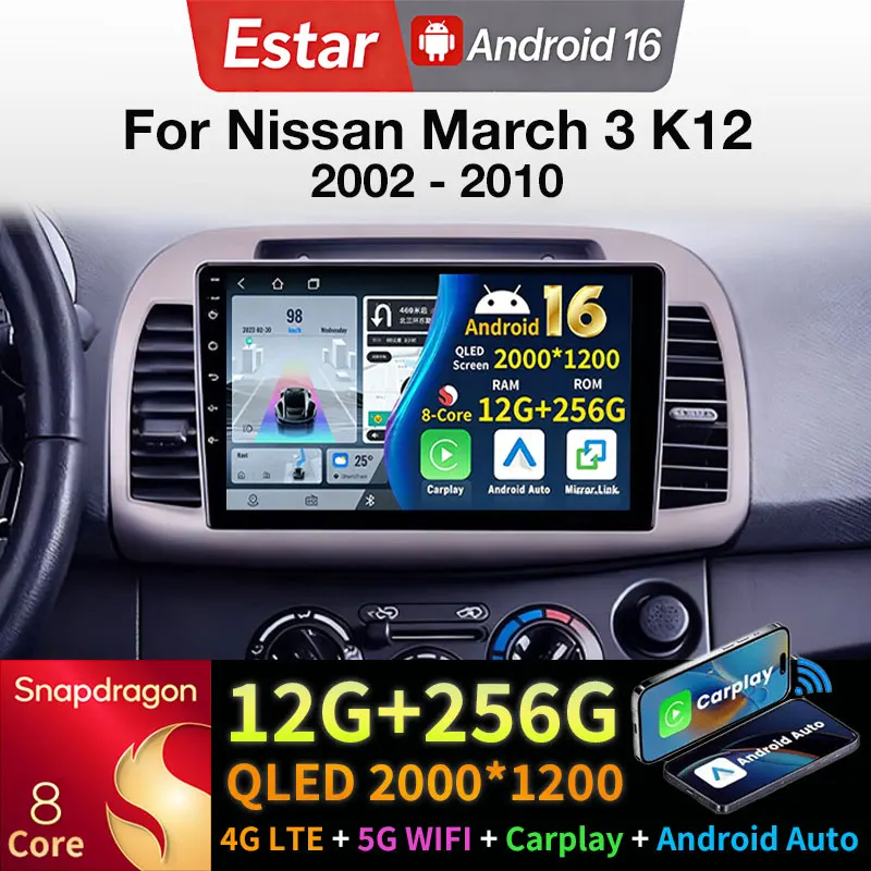 Radio para Auto Android 16 para Nissan March 3 K12 2002-2010, Carplay Inalámbrico, Auto BT, 4G, 5G, WIFI, GPS, Navegación, Estéreo, Unidad Principal 2DIN