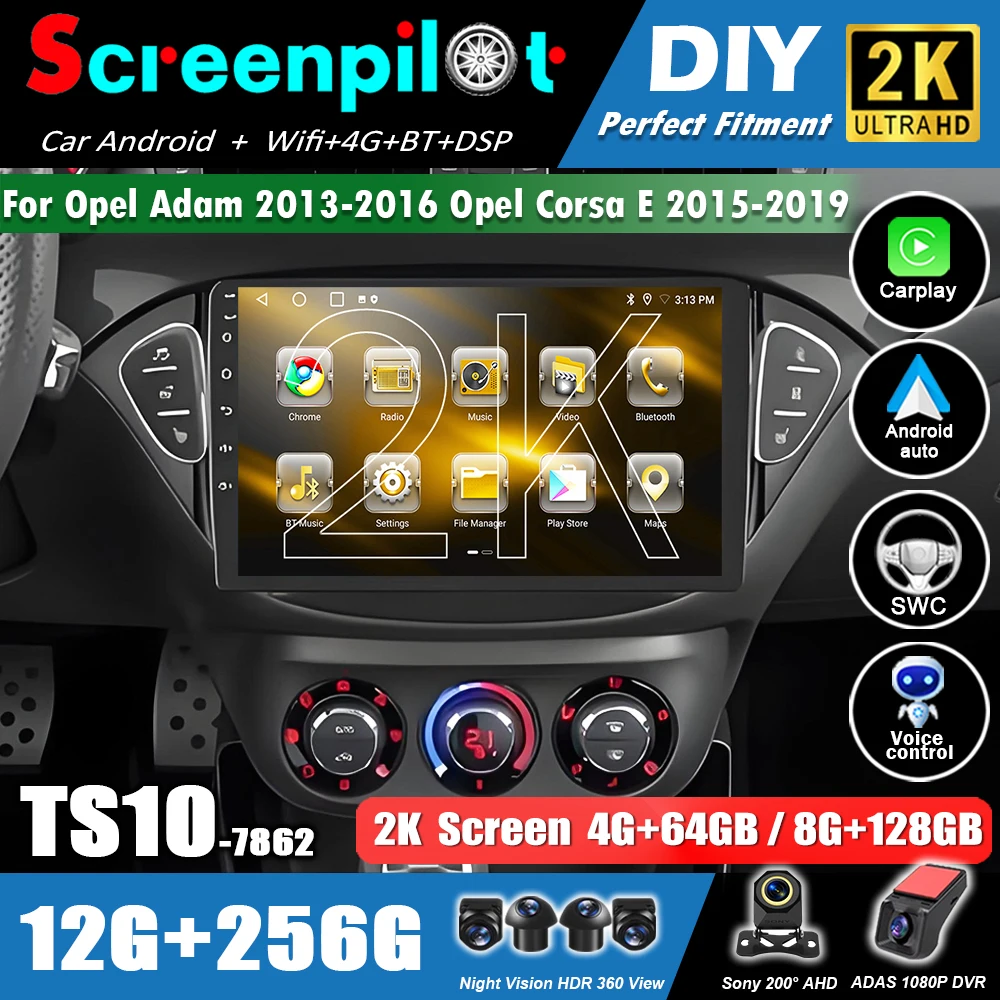 Android 16 Carplay Auto Screen Video Player For Opel Adam 2013-2016 Opel Corsa E 2015-2019 Radio Multimedia 2K QLED BT wifi 4G