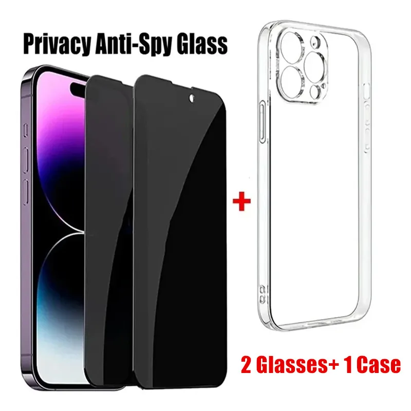 2PCS Anti-Spy Tempered Glass+1PC Phone Case Set Meal For iPhone 15 13 14 12 11 Pro Max 15 Plus Screen Protector Protective Film