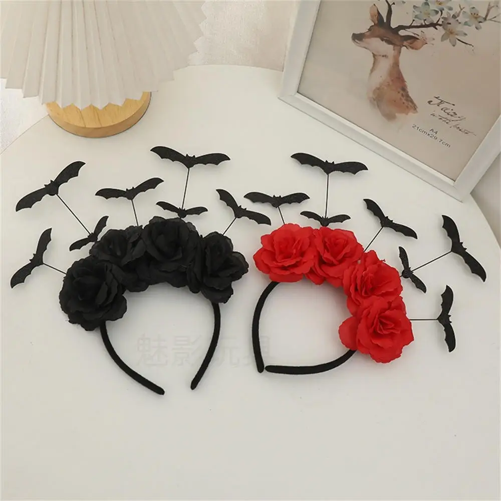 Halloween Rose Decoração Headband, 4 Flores Bat, Rred Black Hairbands, Acessórios para cabelo de festa, Vestir Parque de Diversões, Novo, 2023