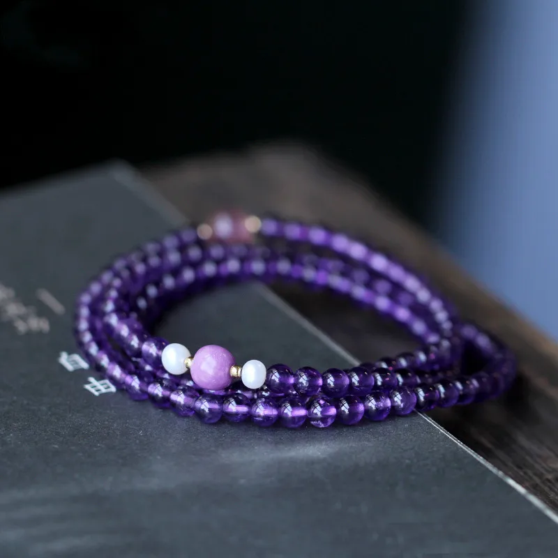 

Mengzheng Natural Brazilian Amethyst Bracelet with Purple Mica Strawberry Crystal Pearl Multi Ring Bracelet Women's Summer