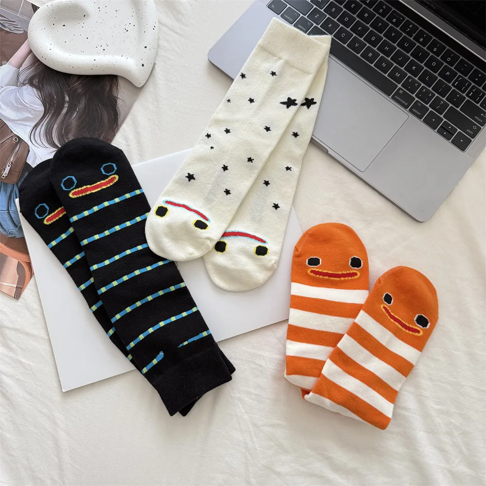 Funny Garden Eel Crew Socks Ocean Animal Face Cotton Mid‑calf Socks Striped Star Sock For Men Women Couple Autumn Winter Gift
